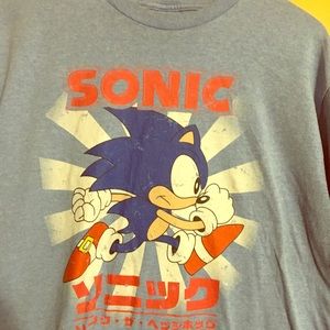 Mens Blue Japanese Sonic The Hedgehog t shirt